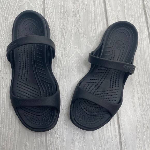 Crocs Women's Black Cleo Two Strap Slip On Sandals Size 8 - Picture 1 of 9